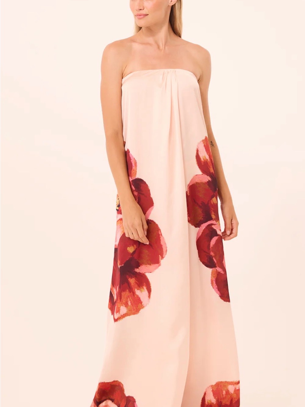 Misa Los Angeles Blush Pink Maxi Dress With Red Floral Accents